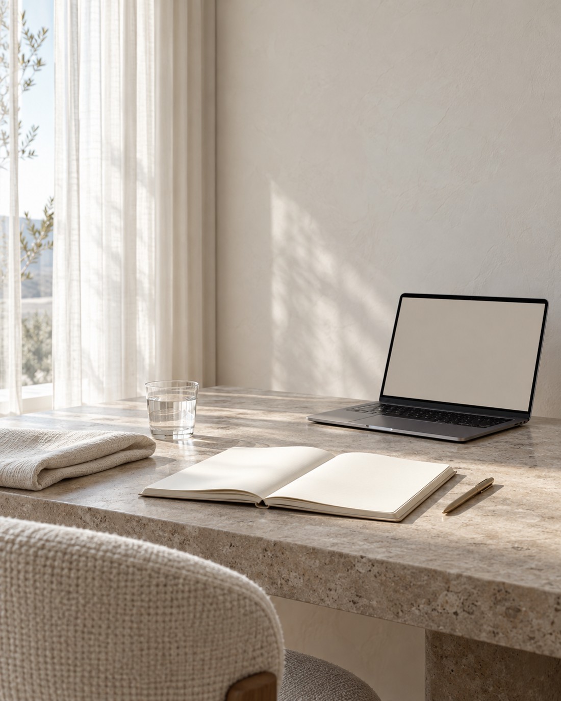 A calm consultation desk with a laptop and notebook